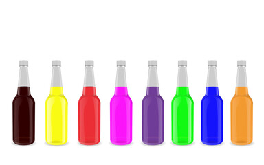 Fototapeta na wymiar Colorful bottles, Bottles with colored liquids, Rainbow Color Glass Bottles, Glass bottle mockup. 3d rendering