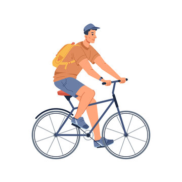 Bicyclist with backpack isolated man with backpack riding on bicycle. Vector sportive rider on mountainbike, leisure hobby sport activity, flat cartoon. Adult cyclist on bike, active cycling person