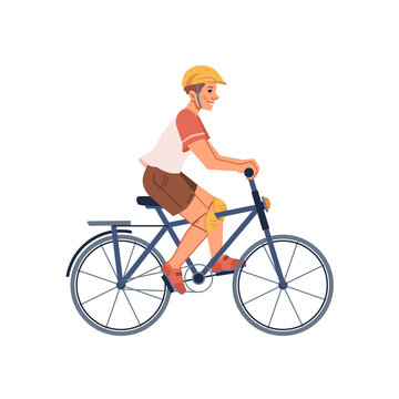Bicyclist boy in protective helmet isolated flat cartoon teenager riding on bicycle. Vector young cyclist on bike, active cycling person. Sportive rider on mountainbike, leisure hobby sport activity