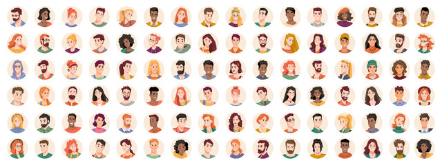 Portraits and avatars of people, male and female expressing emotions. Laughter and joy, smile and calmness. Diversity of personages, multiethnic society. Cartoon characters, vector in flat style - obrazy, fototapety, plakaty