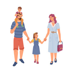 Family parents and children walking together isolated flat cartoon people. Vector mother and father holding daughter hands, son sitting on dads shoulders. Happy childhood and parenting concept