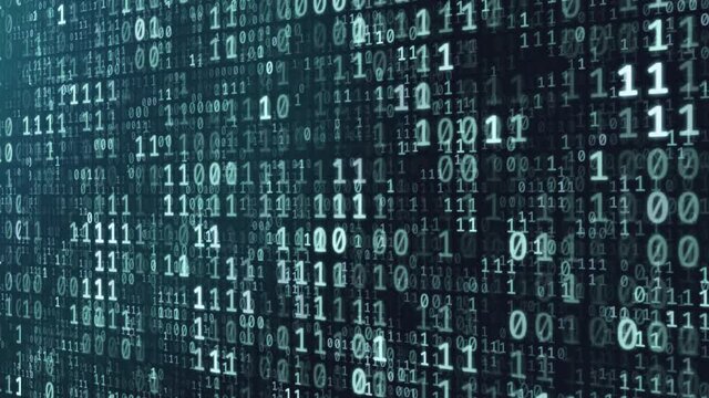 Abstract futuristic cyberspace with binary code, matrix animated background with digits. Programming code, mining cryptocurrency and bitcoin concept looped animation. Web development, virtual space