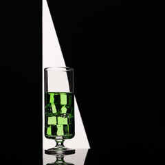 Green drink in elegant glass with ice cubes backlit in 
geometric shaped light