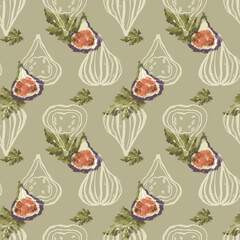 Fig tree fruit square seamless pattern isolate on olive background. Textured digital art. Print for fabric, wallpaper, textile, beauty, product packaging, wrapping and scrapbooking paper