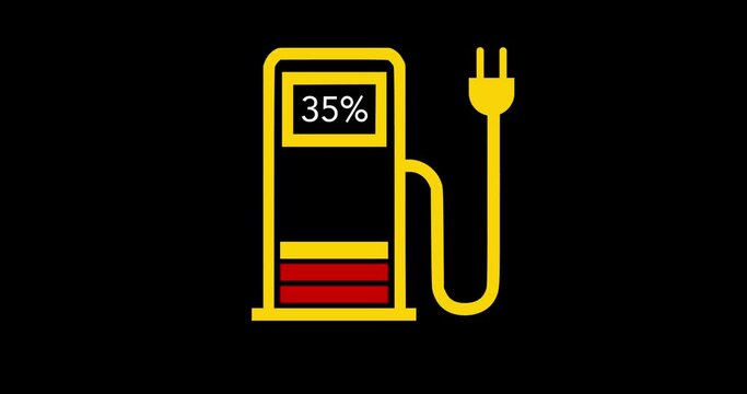 Animation of the battery charging level and percentage increasing from zero to one hundred on the car dashboard. The gas station icon changes color from green to white when the charge level increases