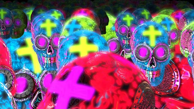 Seamless animation of neon glowing skulls. Cool Halloween background