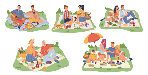 Picnic on nature, people sitting on blankets with food and drinks isolated flat cartoon icons. Vector man and woman, parents grandparents and children, friends having meal outdoors. Food and drinks