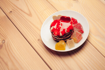 sweets marmalade cakes wooden background snack for tea