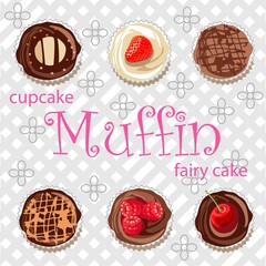 Muffins of different types on a background of gray cells and flowers
