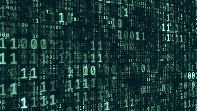 Abstract futuristic cyberspace with binary code, matrix animated background with digits. Programming code, mining cryptocurrency and bitcoin concept looped animation. Web development, virtual space