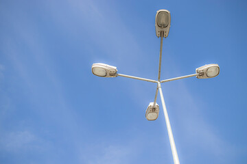 street light fixture isolated on sky background. Street lamp.