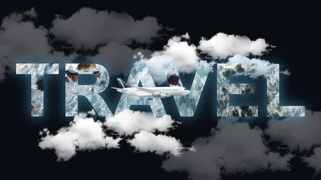 Waves splash inside the text. A plane takes off from the text