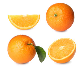 Set with tasty ripe oranges on white background