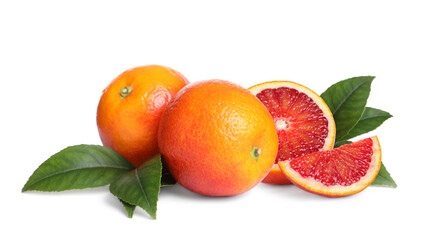 Delicious ripe red oranges on white background