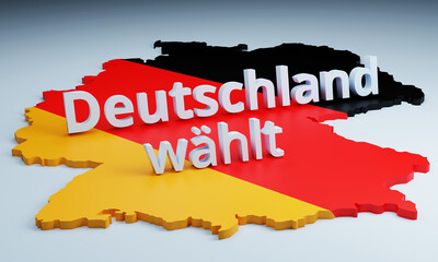 Deutschlandkarte und Überschrift, Deutschland wählt, in 3D Darstellung mit den Farben Schwarz, Rot, Gelb auf neutralem Hintergrund. 