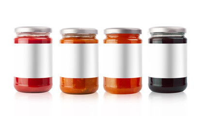 small jam and vegetables jars with blank labels