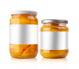 Fototapeta na wymiar large apricot compote jars on white background
