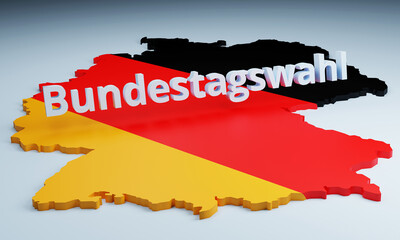 Fototapeta premium Deutschlandkarte mit der Überschrift Bundestagswahl in 3D Textform und den Farben der Flagge Schwarz, Rot, Gelb auf neutralem Hintergrund. 