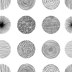 Seamless pattern of graphic doodle black and white circles. Hand Drawn Scribble Circle shapes. Trendy hand drawn textures. Modern abstract design for paper, cover, fabric, interior decor