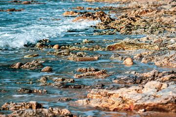 .Sea landscape, rocky ocean coast, selective focus.