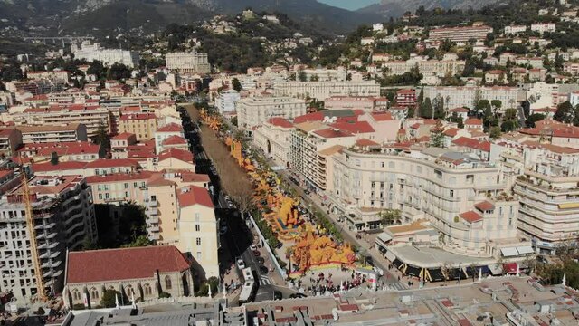Unique shots at the famous Festival of Lemons (Fete du Citron) in the French city of Menton. Carnival festival with huge citrus compositions and sculptures.