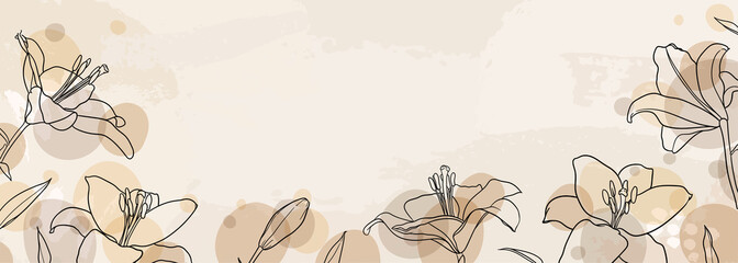 banner background of creative minimalist hand draw illustrations floral outline lily pastel biege simple circle shape for wall decoration, postcard or brochure cover design, banner beauty web cite © Hulinska Yevheniia