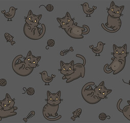 Cute Cartoon Cat Seamless Pattern on Dark Background. Vector