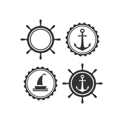 Nautical labels set. helm and anchor isolated on white. Ship and boat steering wheel sign.