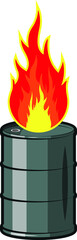 Barrel of oil. Burning fossil fuels. Petroleum packaging. Fire in gasoline Tank