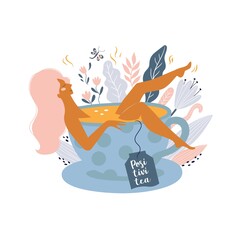 Take time for yourself or self care design concept. Cute girl laying in a cup of tea. Happy mom enjoy free time. Body positive. Positive thinking. Ideal for postcard, print. Flat cartoon vector 