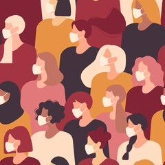 Women in white medical face mask. Female profile diverse faces of different ethnicity. Concept of coronavirus quarantine vector illustration.