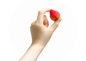 Obraz premium イチゴを持つ手 アップ 白色の背景