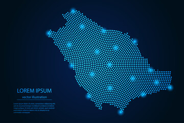 Abstract image Saudi Arabia map from point blue and glowing stars on a dark background. vector illustration.