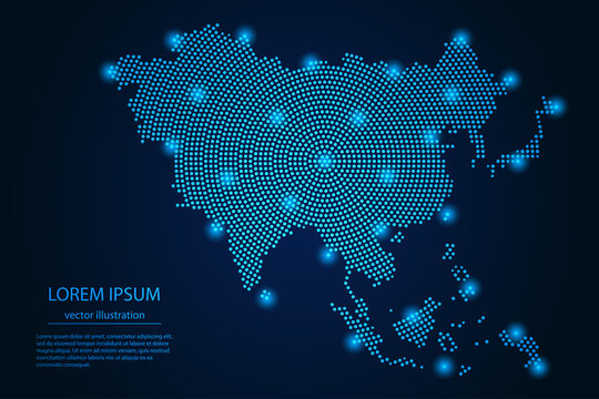 Abstract image Asia map from point blue and glowing stars on a dark background. vector illustration. Vector eps 10.
