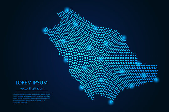 Abstract image Saudi Arabia map from point blue and glowing stars on a dark background. vector illustration.
