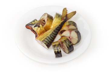Sliced smoked Atlantic mackerel on a white dish