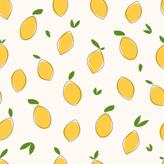 Seamless fruit pattern. Hand drawn doodle lemons and leaves on a light background. Vector illustration