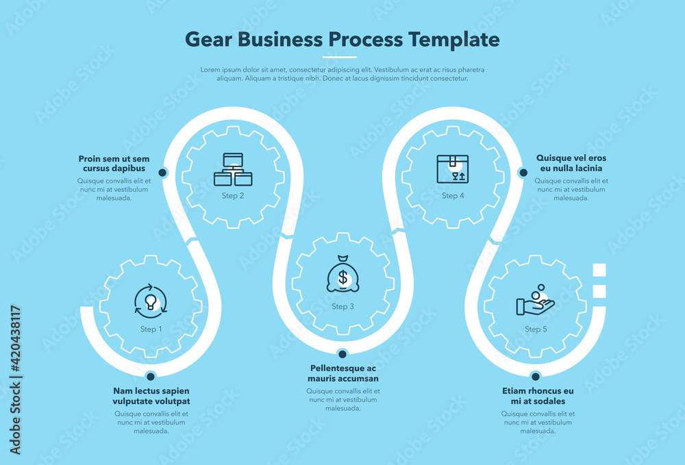 Aufkleber Modern gear business process template with 5 steps - blue version. Easy to use for your website or presentation.