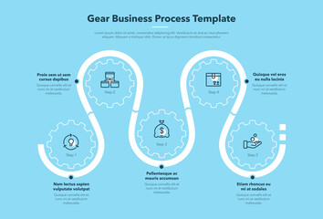 Modern gear business process template with 5 steps - blue version. Easy to use for your website or presentation.