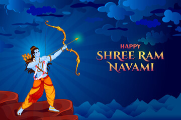 Shri Ram Navami with Bow & Arrow Greeting vector illustration of Lord Rama  - obrazy, fototapety, plakaty