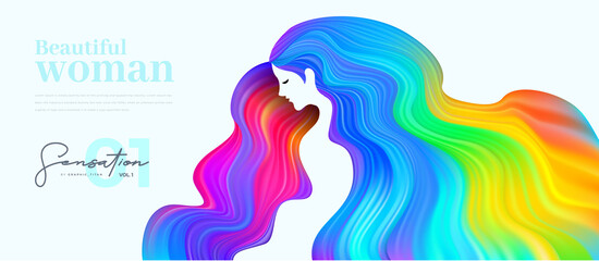 Women with long colorful hair, Vector element for poster, flyer, cover, website, spa, salon.