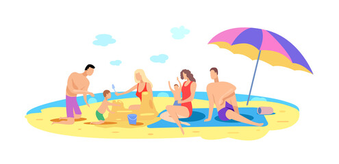 Obraz na płótnie Canvas Two families with children are relaxing on the beach by the sea. Vector flat illustration