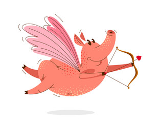 Funny cartoon pig with wings bow and arrow flying and shooting like a Cupid vector illustration, valentine love animal character swine drawing.