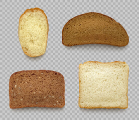 Bread realistic. Different type of white and black bread sliced pieces decent vector pictures of healthy natural food