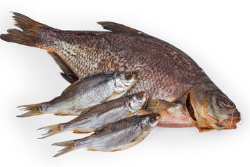 Salted and dried bream and roach fish on white background
