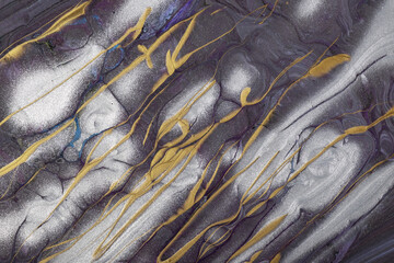 Abstract fluid art background dark gray and silver colors. Liquid marble. Acrylic painting on canvas with golden lines.
