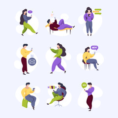 Reading gadgets. People chatting reading online books on smartphones and tablets students library garish vector characters