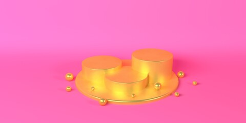 Golden product stand pastel or podium pedestal on empty display with pink pastel backdrops. 3D rendering.