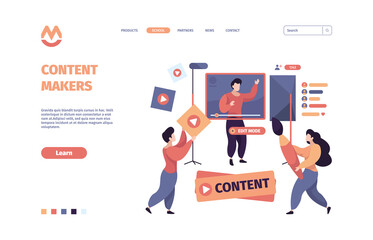 Video blogging. Content makers online web developers writers garish vector template of landing page