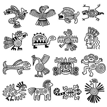 Ancient tribal logo. Mexican aztec icons animals decoration mayan pattern recent vector collection